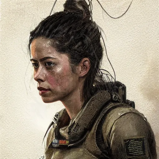 Prompt: portrait of a woman by greg rutkowski, rosa salazar as a colonial marine from aliens franchise, she is about 3 0 years old, military composure, wearing the tactical gear of the colonial marines, highly detailed portrait, digital painting, artstation, concept art, smooth, sharp foccus ilustration, artstation hq