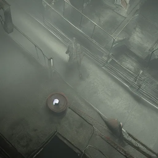 Image similar to playstation 5 screenshot of silent hill, overhead view, highly detailed