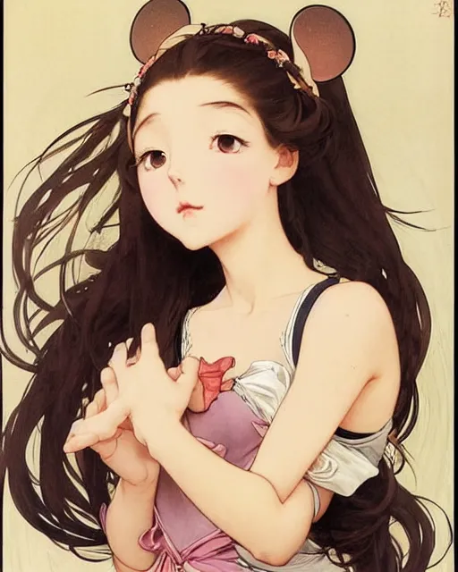 Prompt: A cute painting of a very very beautiful anime skinny mousegirl with long wavy brown colored hair and small mouse ears on top of her head wearing a cute black dress and black shoes looking at the viewer, elegant, delicate, feminine, soft lines, higly detailed, smooth , pixiv art, ArtStation, artgem, art by Gil Elvgren alphonse mucha and Greg rutkowski, high quality, digital illustration, concept art, very long shot