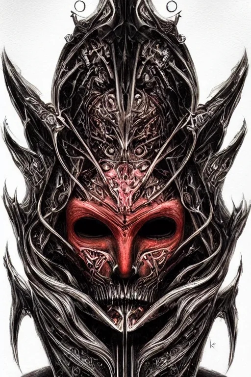 Image similar to Elden Ring and Star Wars themed painting of majestic crimson biomechanical satanic infernal demon human hybrid beautiful undead angel symmetrical angry mask closeup face angry mask closeup tattoo pattern golden ratio concept, Neo-Gothic concept, infinity glyph waves, intricate artwork masterpiece, very coherent artwork, cinematic, full frontal facial features by Artgerm, art by H.R. Giger, Takato Yamamoto, Zdizslaw Beksinski, Johnatan Wayshak, Moebius, Ayami Kojima, very anatomically coherent artwork, trending on cgsociety, ultra high quality model, production quality cinema model, high detail chromatic ink outline, octane render, unreal engine 8k, hyper realism, high detail, octane render, unreal engine, 8k, High contrast