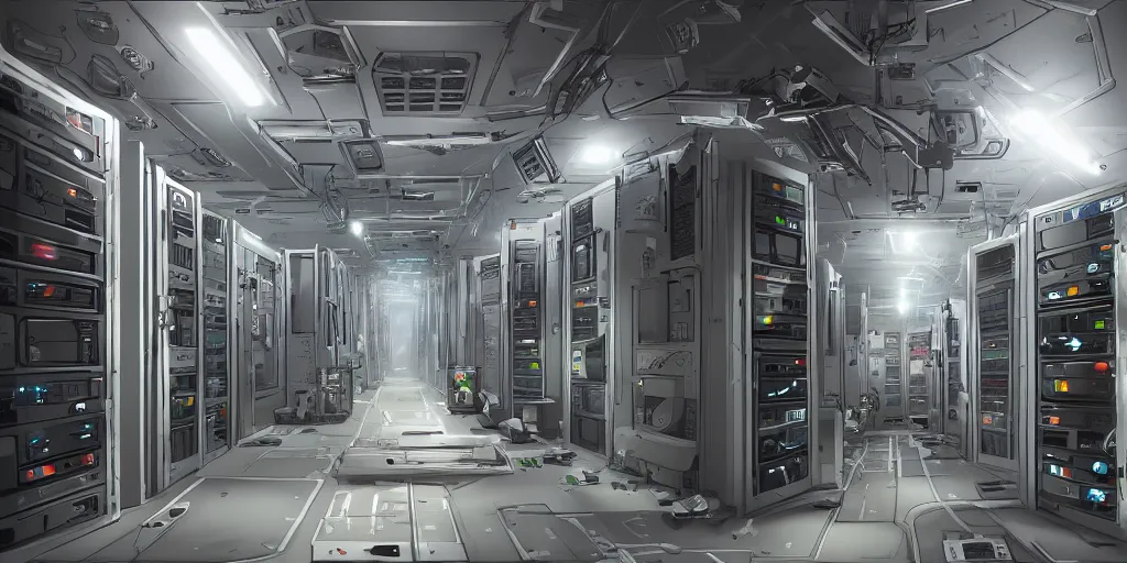 Image similar to parallax datacenter server room white rusty android robocowboy in artstation