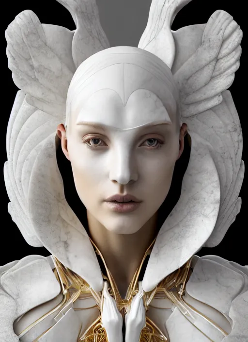 Image similar to a statue made of white marble with gold veins, of an beautiful gorgeous futuristic cybernetic angel girl, prostheses, transhumanism, full body shot, perfect symmetrical body, perfect symmetrical face, hyper realistic, hyper detailed, by johannen voss, by peter kemp, by monia merlo, by michelangelo, octane render, blender, 8 k