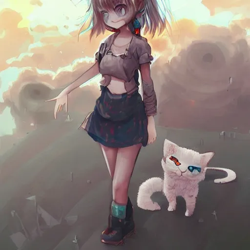 Image similar to nuclear bomb destroying all buildings at the distance, anime girl with her kitty, yumei art, Artstation, pinterest 8k hyper-detailed