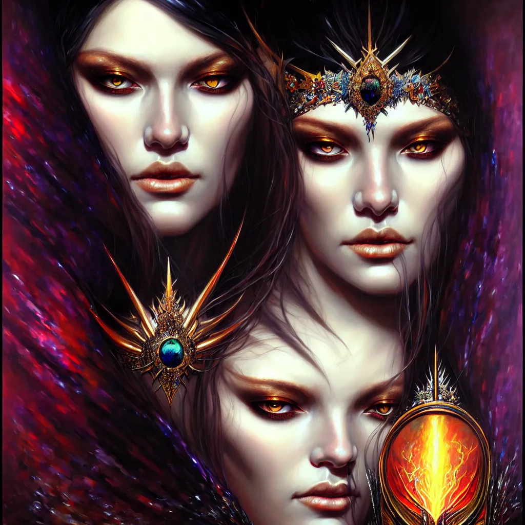 Image similar to A portrait of a jewels-crowned sorceress with vertically slit cornea eyes, by Karol Bak and Jia Ruan, artstation, very detailed, fantasy art, rpg