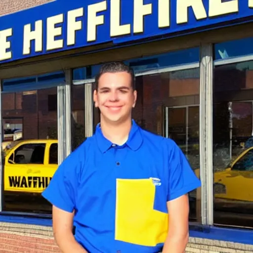 Image similar to wafflehouse employee's standing below wafflehouse sign, employees uniform is blue and black with yellow name tags