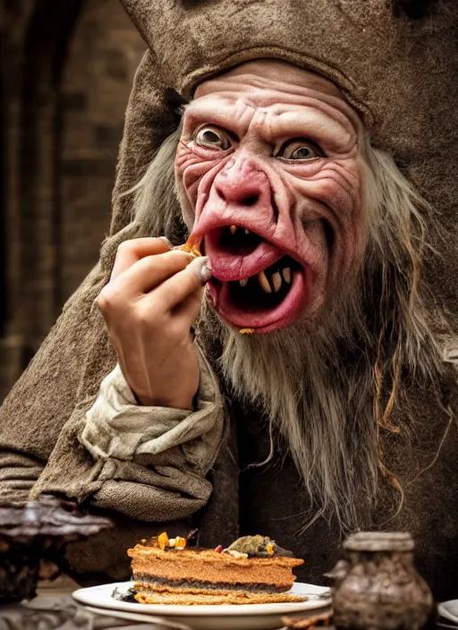 Image similar to closeup portrait of a medieval goblin eating cakes in the cloisters, depth of field, zeiss lens, detailed, symmetrical, centered, fashion photoshoot, by annie leibovitz and steve mccurry, david lazar, jimmy nelsson, breathtaking, 8 k resolution, extremely detailed, beautiful, establishing shot, artistic, hyperrealistic, beautiful face, octane render