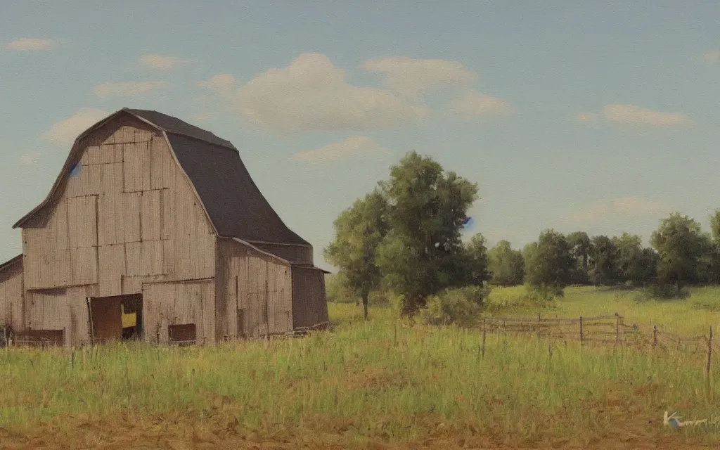 Image similar to a painting of an empty barn in summer, by peteris kalve, oil on canvas