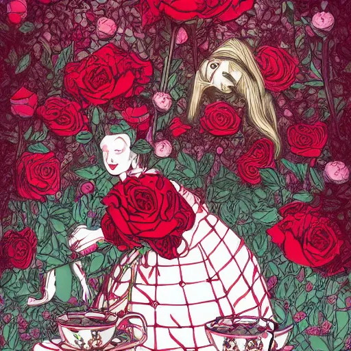 Image similar to Alice in Wonderland at the tea party, surrounded by red and white roses, digital illustration, inspired by Aeon Flux and Möbius, hyper detailed, Magic realism, super photorealistic, muted warm pastel shades, extremely fine inking lines