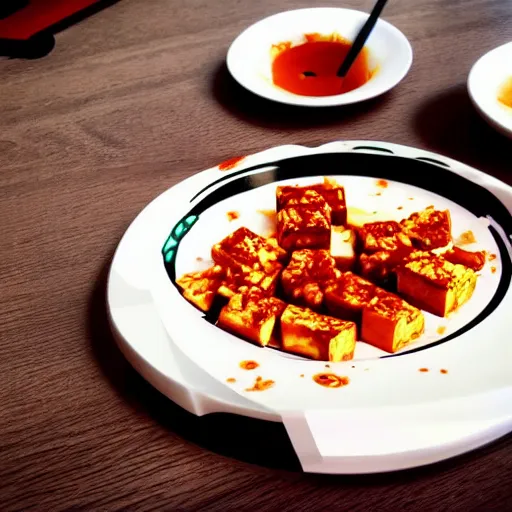 Image similar to cartoon manga mapo tofu, hyperpop aesthetics, minimalistic, sweet color scheme, low-angle shot