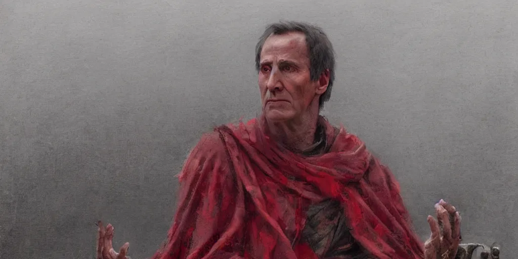 Image similar to the end is near. a tired julius caesar is sitting on his throne. face is highly detailed. splices of red are running down his toga. mist. color scheme red. low angle medium shot. imagined by jeremy lipking