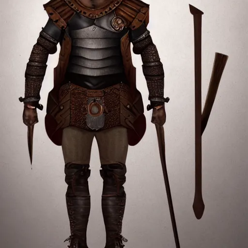 Image similar to realistic portrait, 30 year old man, dark taint :: athletic, medieval leather armour, brown cloth clothes, wooden staff :: high detail, digital art, RPG, concept art, illustration