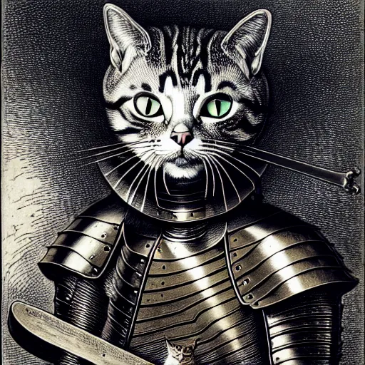 Image similar to engraving portrait of humanoid cat in medieval armoury by gustave dore. trending on deviant art, street art, chillwave, maximalist, full of color, glittering, 8 k, hd