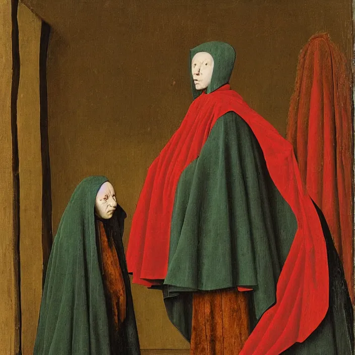 Image similar to an alien wearing a hooded cloak, by Jan van Eyck