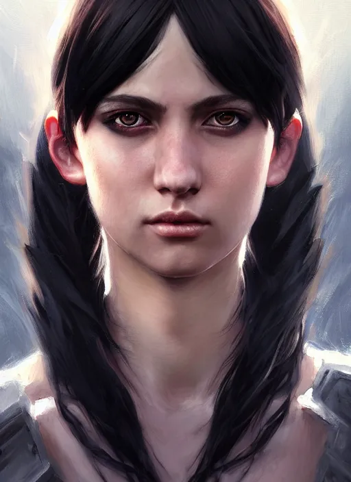 Image similar to a _ fantasy _ style _ portrait _ painting _ of young adult, black fringe hair, round face, rpg dnd oil _ painting _ unreal _ 5 _ daz. _ rpg _ portrait _ extremely _ detailed _ artgerm _ greg _ rutkowski _ greg