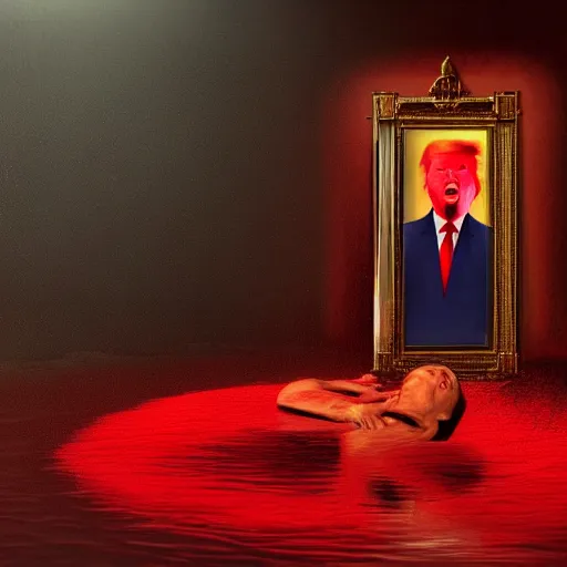 Prompt: Donald Trump full body laying in a blood red pool of water between a golden mirror frame, outside is space and inside the mirror frame is a beautiful landscape., physically accurate, dynamic lighting, intricate, elegant, highly detailed, digital painting, artstation, HR GIGER, Hieronymus Bosch, Francis Bacon, concept art, smooth, sharp focus, illustration, art by artgerm and greg rutkowski and alphonse mucha