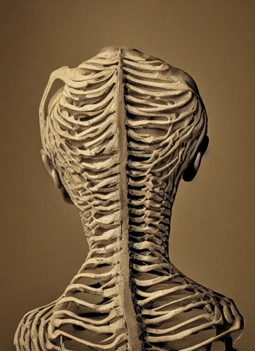 Prompt: the back of a woman’s head, made of leaf skeleton, in the style of the Dutch masters and Gregory Crewdson, dark and moody