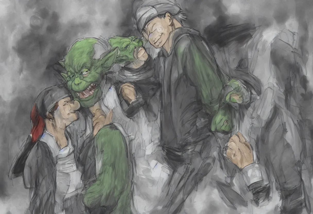 Prompt: high resolution concept art of naruto and yoda kissing in paris