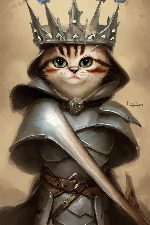 Image similar to cute little anthropomorphic cat knight wearing a cape and a crown, tiny, small, miniature cat , baby animal, short, pale blue armor, cute and adorable, pretty, beautiful, DnD character art portrait, matte fantasy painting, DeviantArt Artstation, by Jason Felix by Steve Argyle by Tyler Jacobson by Peter Mohrbacher, cinematic lighting