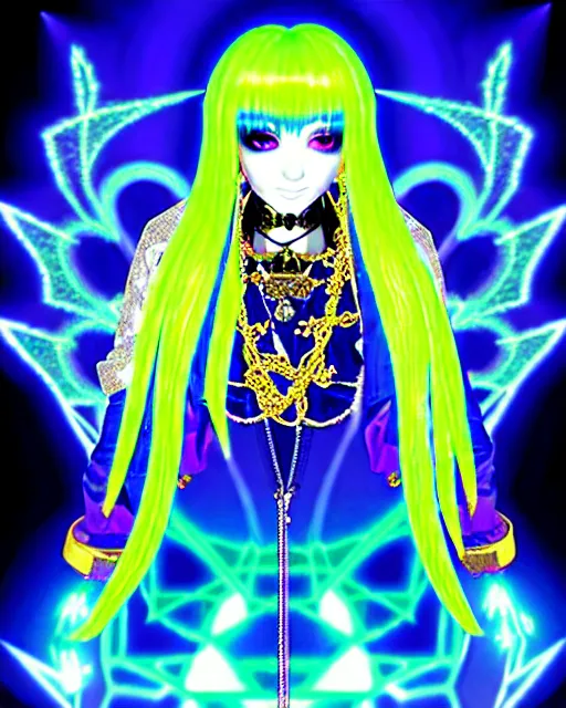 Image similar to baroque bedazzled gothic royalty frames surrounding a hologram of rimuru tempest with sky blue hair and golden yellow eyes, wearing a cybergoth jacket, holography, irridescent