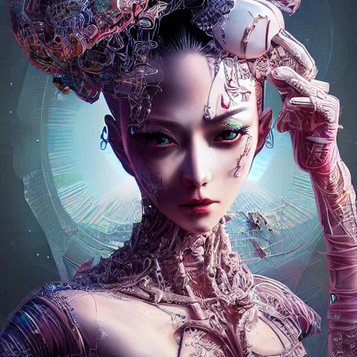 Prompt: the portrait of an absurdly beautiful, graceful, elegant, sophisticated, fashionable cyberpunk gravure idol, an ultrafine hyperdetailed illustration by kim jung gi, irakli nadar, hong june hyung, intricate linework, bright colors, porcelain skin, mixed metals, unreal engine 5 highly rendered, global illumination, radiant light, detailed and intricate environment