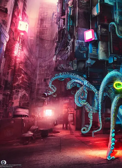 Image similar to hyperrealism, detailed textures, photorealistic 3 d cyberpunk octopus in apocalyptic city, futuristic clothing and helmet, neon colors, ultra realistic, cinematic, intricate, low light, unreal engine 8 k