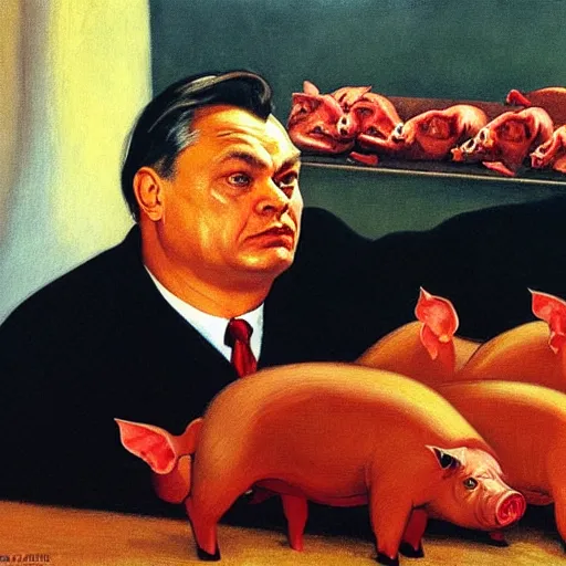 Image similar to highly detailed propaganda poster portrait of the leader of fascist hungary, viktor orban participating in a traditional pig slaughter, painted by edward hopper