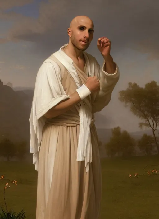 Image similar to oil painting portrait of a handsome young tonsured dominican monk in a white and brown habit, striding dancing through a flourishing garden at sunset with a monastery in the background, hazy, digital art, chiaroscuro, artstation, cinematic, golden hour, digital art painting by greg rutkowski, william - adolphe bouguereau, hazy atmosphere, flowers, cinematic lighting