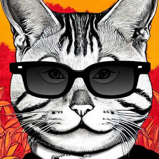 Prompt: Humanoid cat wearing a t-shirt, shorts, and sunglasses, the background is lush jungle, detailed face, high contrast, dramatic lighting, graphic novel, art by Alan Davis and Michael Choi,