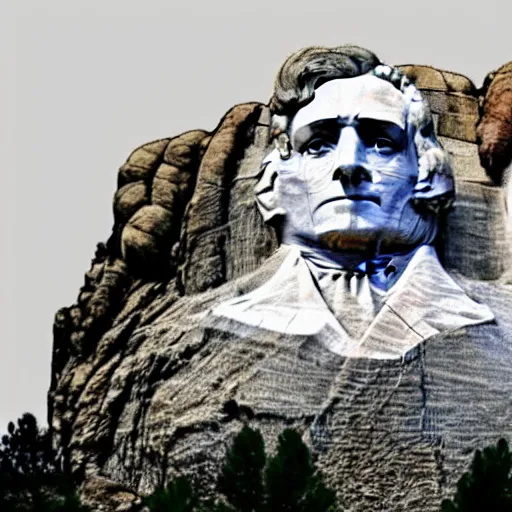 Image similar to a photo of mount rushmore after donald trump's face had been added. the photo clearly depicts the facial features of donald trump, at a slightly elevated level, depicting his particular hair style carved into the stone at the mountain top, centered, balances, regal, pensive, powerful, just