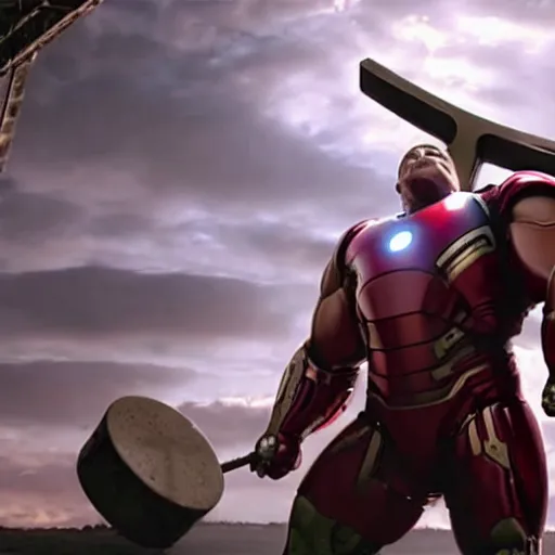 Prompt: obese rotund ironman lifting mjolnir, cinematic shot from the avengers movie