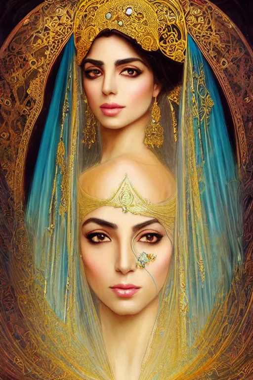 Prompt: Beautiful portrait of an attractive Persian Princess who is an architect, beautiful princess, face painting, architecture, persian style architecture, dramatic lighting, intricate, wild, highly detailed, digital painting, artstation, concept art, smooth, sharp focus, illustration, gold+yellow+white+Turquoise, art by artgerm and greg rutkowski and alphonse mucha, footage from space camera