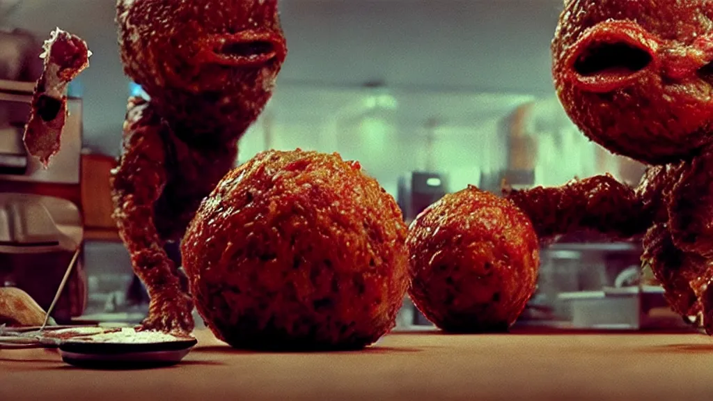 Image similar to the strange meatball creature at the fast food place, film still from the movie directed by denis villeneuve and david cronenberg with art direction by salvador dali and zdzisław beksinski, wide lens