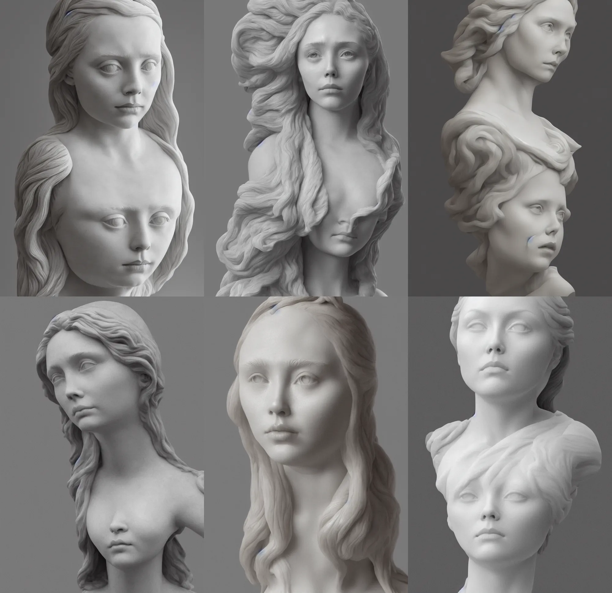 Prompt: a marble bust of actress Elizabeth Olsen, made of Carrara marble, detailed, intricate, CGI, cgsociety, trending on artstation, photograph, single subject, by Gian Lorenzo Bernini