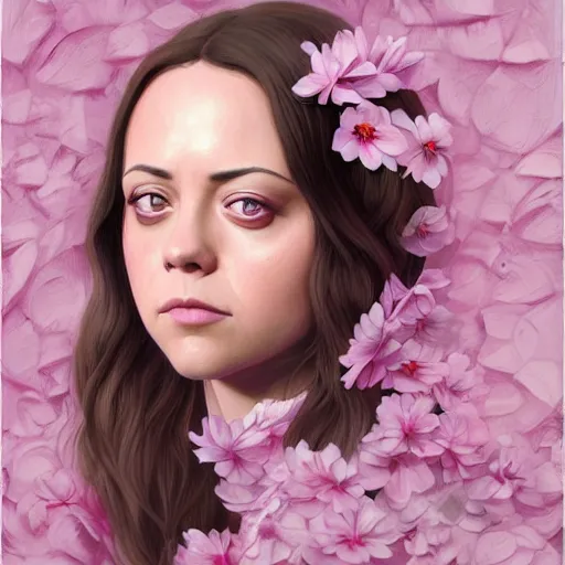 Image similar to pink petals with a a wonderful aubrey plaza and christina ricci mixed with mona lisa, intricate, elegant, highly detailed, wonderful eyes, sweet, digital painting, artstation, concept art, smooth, sharp focus, illustration, art by artgerm and greg rutkowski and concept art, rectilinear vaporwave