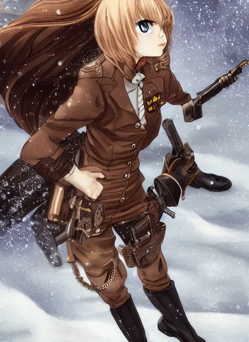 Image similar to girl with steampunk weapons and uniform, serious, intense, finely detailed, made by artgerm, full body portrait, illustration, snow, snowing, cloudy, anime, side view, perfect anime face, realistic face, zoomed out, smooth, brown eyes, high waisted shorts, sharp focus