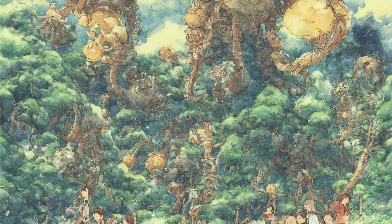 Prompt: land of the giants, larger than life, high detail, painting, watercolor, concept art, studio ghibli, by hayao miyazaki