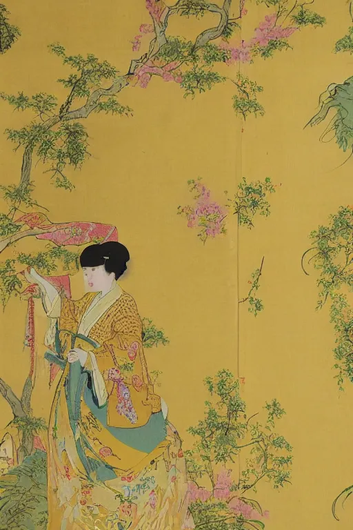 Image similar to an asian woman emerges from 1 9 th century yellow wallpaper decorated with sensual feminine faces by charles walter stetson