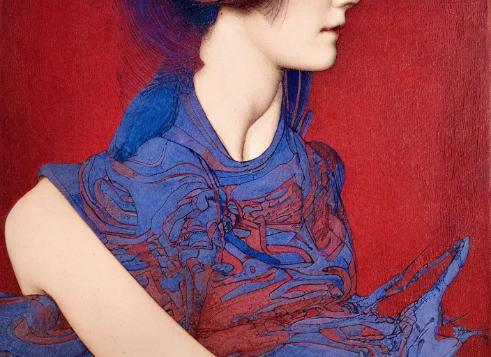 Image similar to visitors from the outer realms, muted blue and red tones, portrait face, in the style of peter ferguson, frantisek kupka, intricate, miles johnston, kuroda seiki, cynical realism, ozabu, john william godward, painterly, yoshitaka amano, moebius, miles johnston, louise zhang, james jean