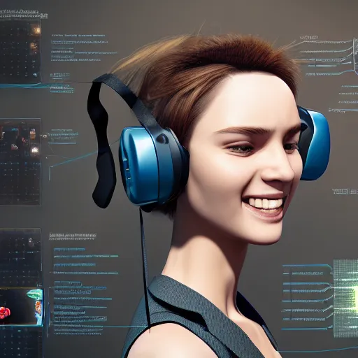 Image similar to realistic photo of a beautiful smiling person wearing a modern virtual reality headset, hypermaximalistic, high details, cinematic, 8 k resolution, beautiful detailed, insanely intricate details, artstation trending, octane render, unreal engine