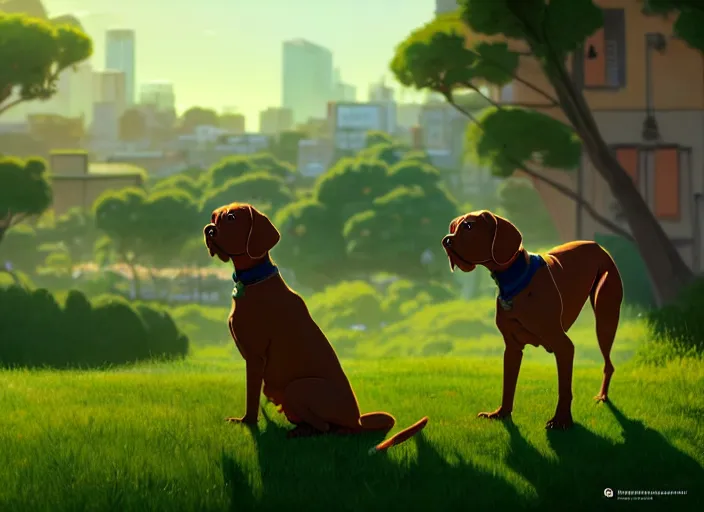 Prompt: a wholesome animation key shot of a brown vizsla dog wearing a green sweater, adelaide city in the background, studio ghibli, pixar and disney animation, sharp, rendered in unreal engine 5, anime key art by greg rutkowski, bloom, dramatic lighting