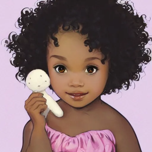 Prompt: a beautiful [[smiling]] little black toddler girl with short curly hair, outside at the park on a beautiful day, holding a round pink stuffed animal, by Artgerm, Mucha Klimt, Hiroshi Yoshida and Craig Mullins, featured on Artstation, CGSociety, Behance HD, Deviantart