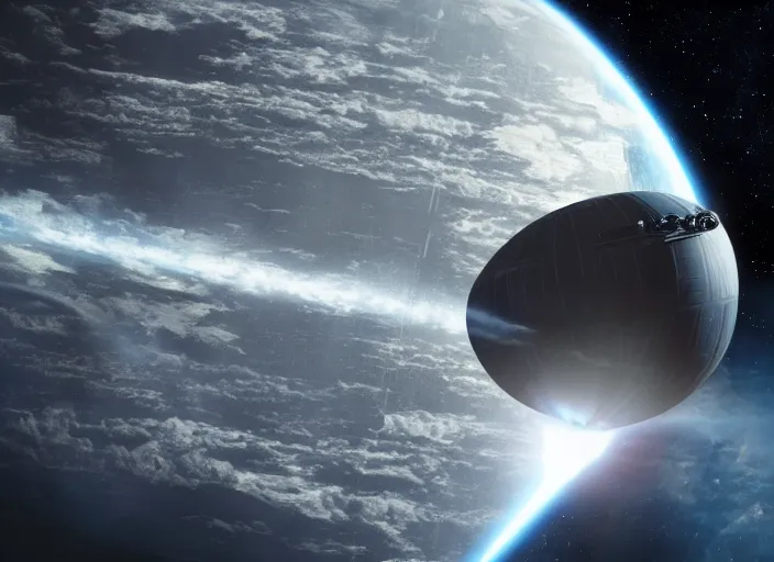 Image similar to film still of the death star hovering above earth in the new star wars movie, 4 k