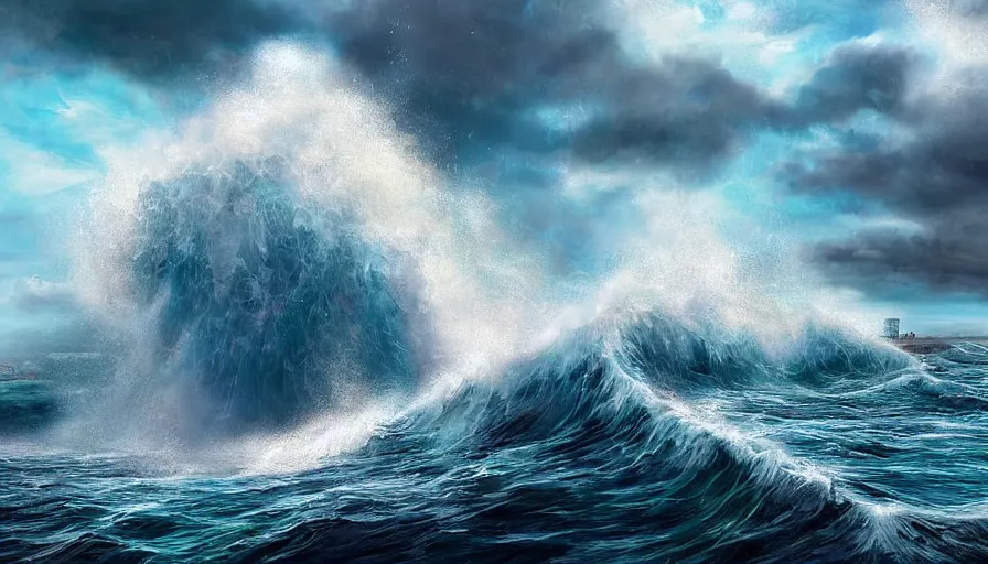 Prompt: a huge tidal wave approaches a coastal city, digital art, highly detailed, realistic, bright colors, 8 k