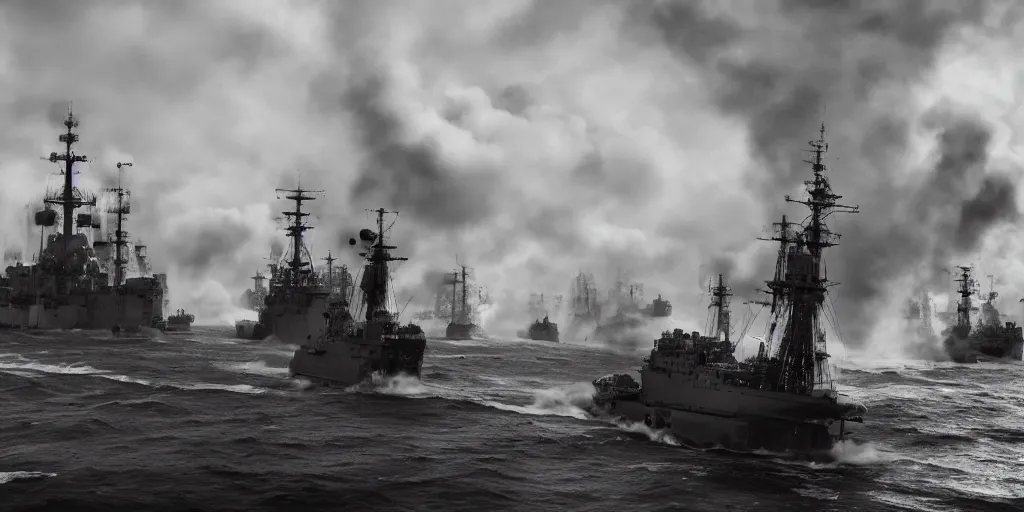 Prompt: dieselpunk naval battle, shots fired, clouds of smoke, wide shot, 4k high res, 120 black and whtie film