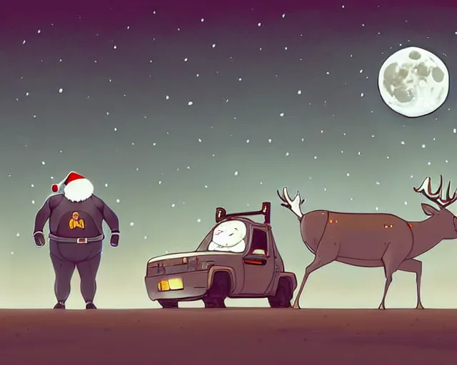 Image similar to a cell shaded cartoon grey obese santa + deer robot, with a big head, on a desert road, wide shot, in front of a big moon, muted colors, post grunge, josan gonzales, wlop, by james jean, victor ngai, hq, deviantart, art by artgem