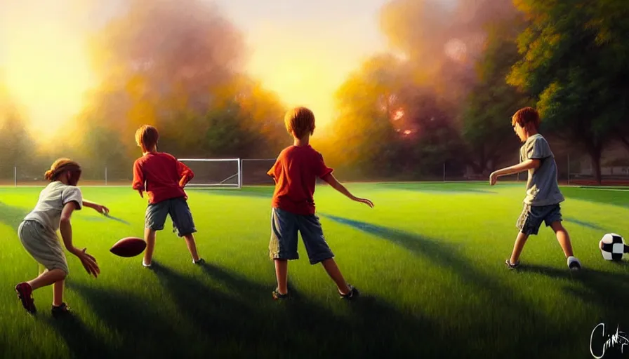 Image similar to beautiful painting of backyard football field with a pair of playing children during sunset, wide shot, digital painting, intricate details, trending on artstation, concept art, octane render, realistic, highly detailed, smooth, sharp focus, beautiful, 4 k, 8 k, hd, art by charlie bowater and artgerm and greg rutkowski