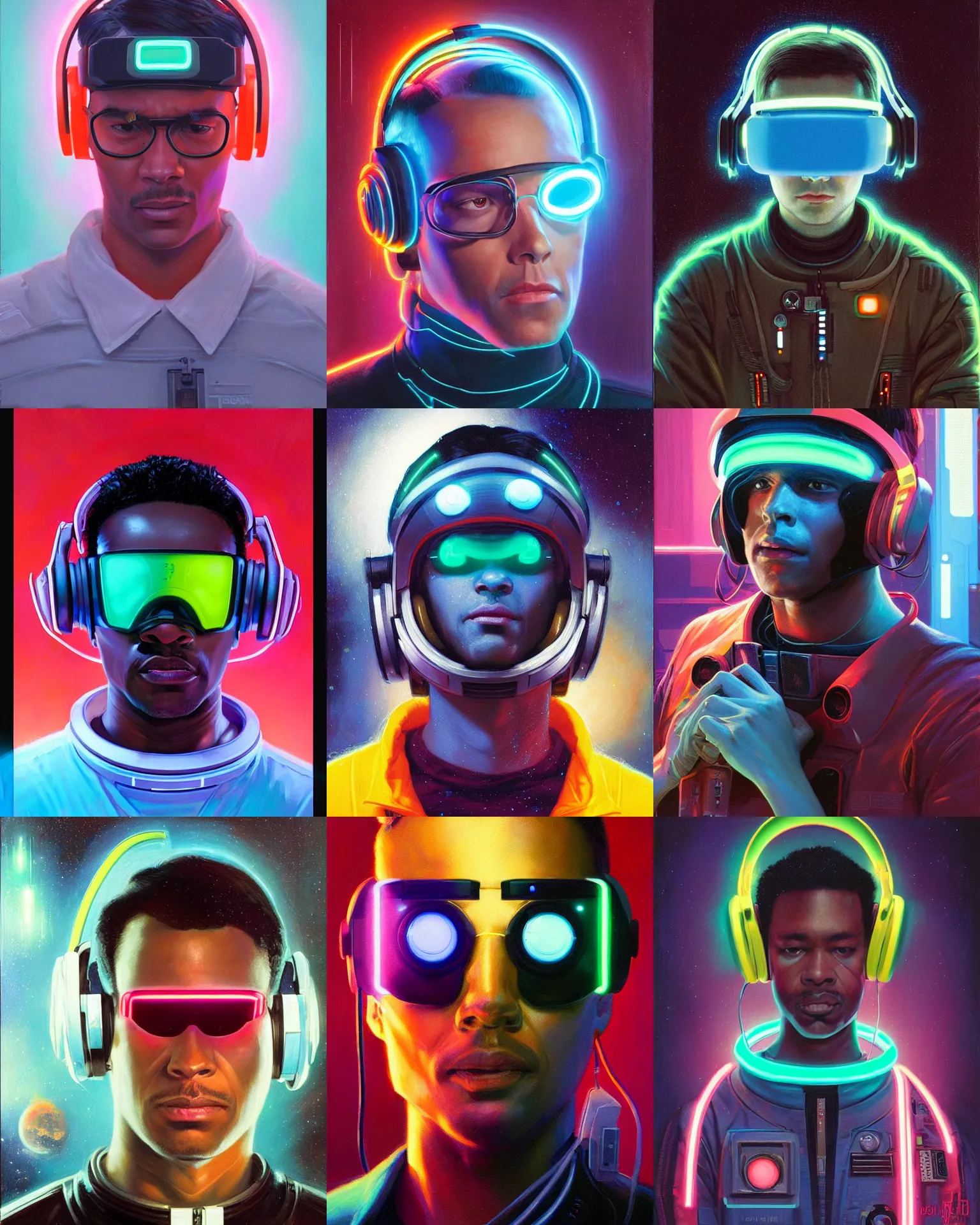 Prompt: neon cyberpunk programmer with glowing geordi visor over eyes and sleek headphones headshot muted colors portrait painting by donato giancola, dean cornwall, rhads, tom whalen, conrad roset astronaut fashion photography