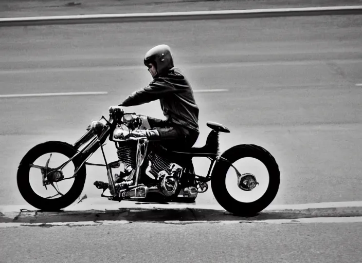 Image similar to chopper motorbike driving on the freeway. iso 1 0 0. low camera view. retro photo