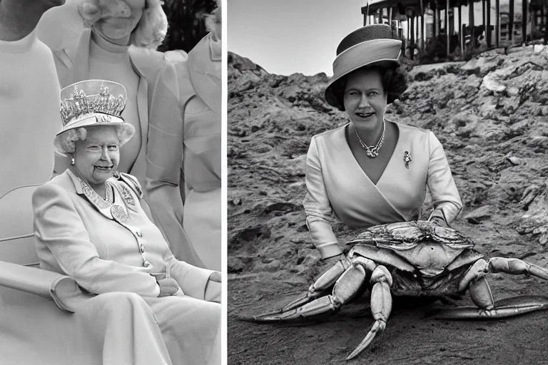 Prompt: the queen of england dressed like a crab, in 1 9 8 5, sunset view, royalcore, low - light photograph, photography by tyler mitchell