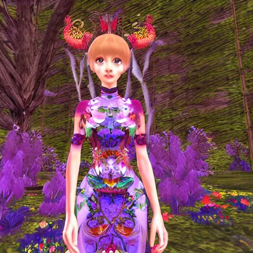 Image similar to cute female forest spirit wearing ornate floral cybernetic hungarian valentino resort dress in a 3 d psx ps 2 jrpg style, esoteric magical alien meadow ritual environment, fashion gameplay screenshot, highly detailed, atelier, xenogears